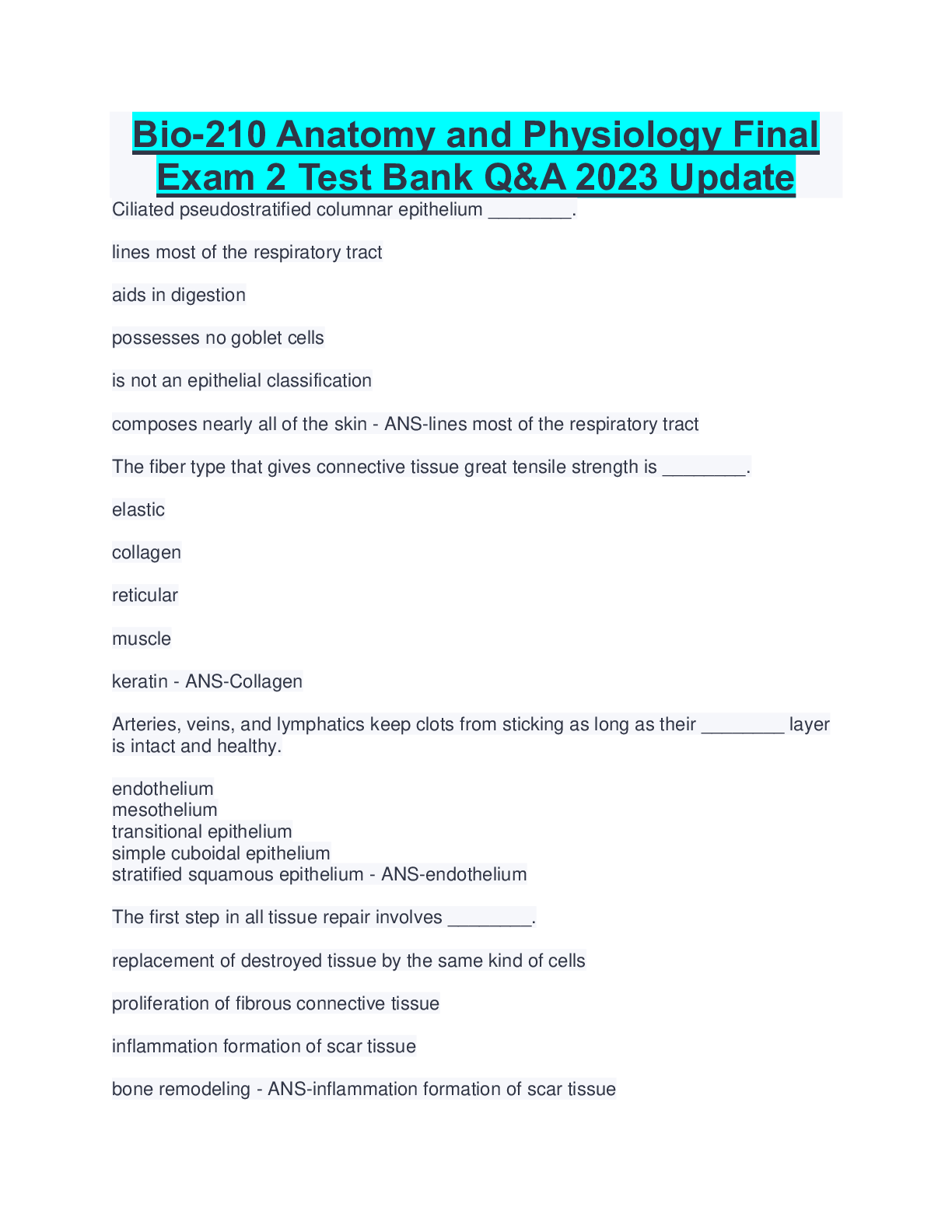 Preview image for Bio-210 Anatomy and Physiology Final  Exam 2 Test Bank Q&A 2023 Update